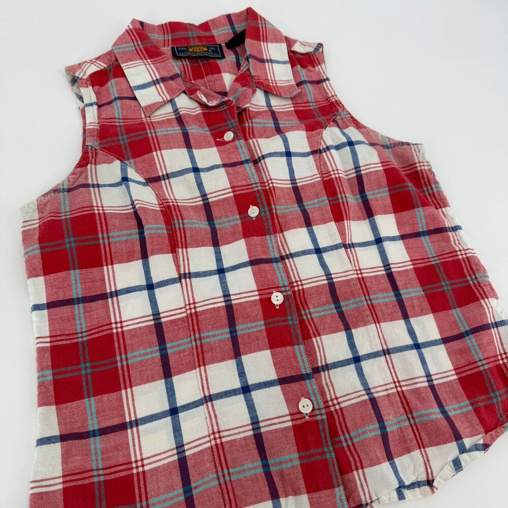 Route 66 Plaid Sleeveless Button Down Shirt 90s Vintage Womens Size Small Red